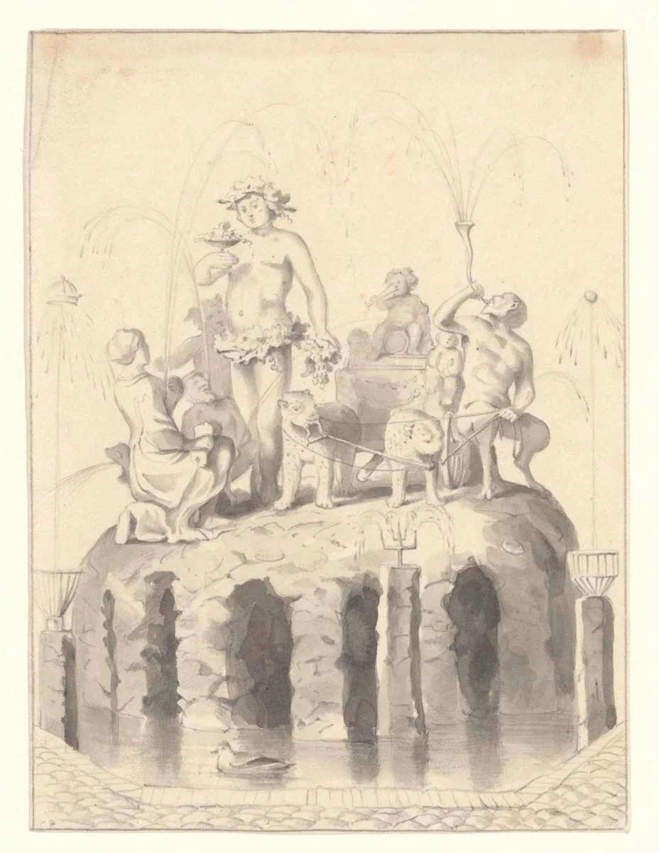 Gezicht op de fontein op de eerste binnenplaats van het Oude Doolhof aan de Prinsengracht by anonymous, drawing, 1602-1750