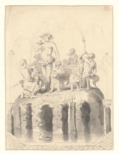 Gezicht op de fontein op de eerste binnenplaats van het Oude Doolhof aan de Prinsengracht by anonymous, drawing, 1602-1750