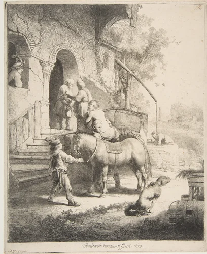 The Good Samaritan by Rembrandt van Rijn, print, 1633