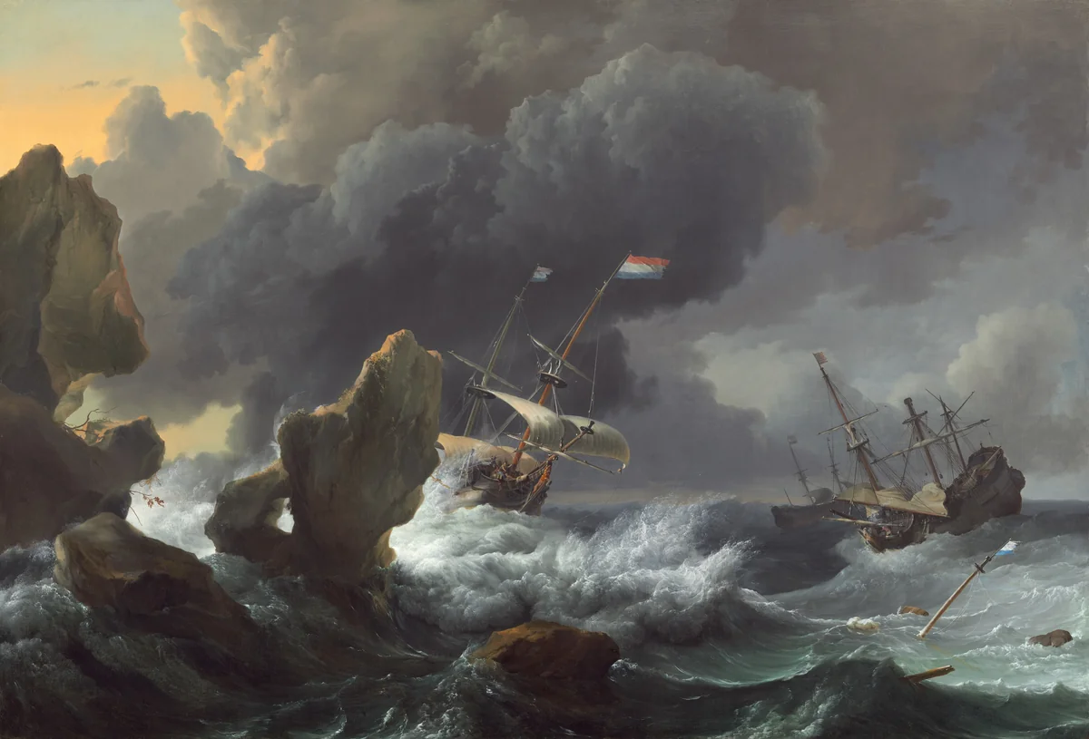 Ships in Distress off a Rocky Coast by Ludolf Backhuysen, painting, 1667