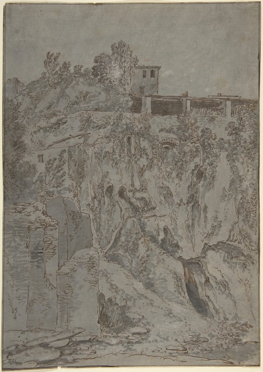 Italianate Buildings on a Hill at Tivoli by Adriaen Honich, drawing, 1639-1699