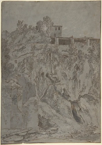 Italianate Buildings on a Hill at Tivoli by Adriaen Honich, drawing, 1639-1699