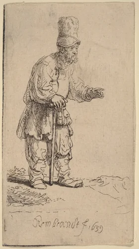 A Peasant in a High Cap, Standing Leaning on a Stick by Rembrandt van Rijn, print, 1639