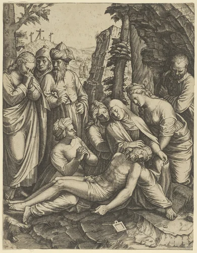 The lamentation of the dead Christ who is supported by the Virgin Mary and surrounded by other figures by anonymous, print, 1515-1525