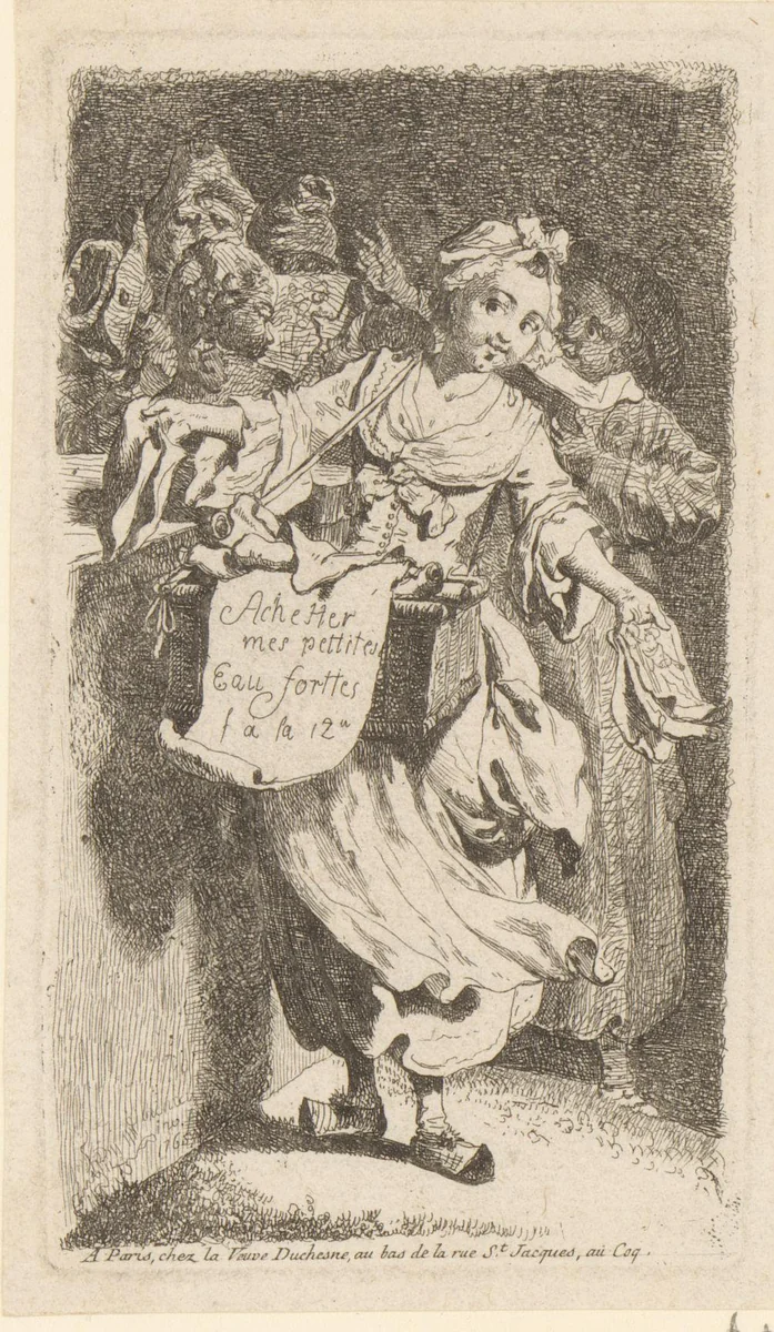 Titelprent met een straatverkoopster van prenten by Johann Eleazar Schenau, print, 1765