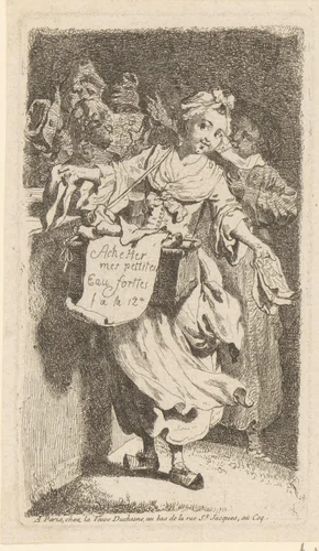 Titelprent met een straatverkoopster van prenten by Johann Eleazar Schenau, print, 1765