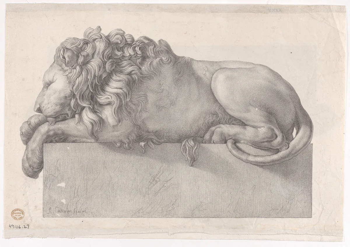 Statue of a recumbent lion by anonymous, print, 1825-1900