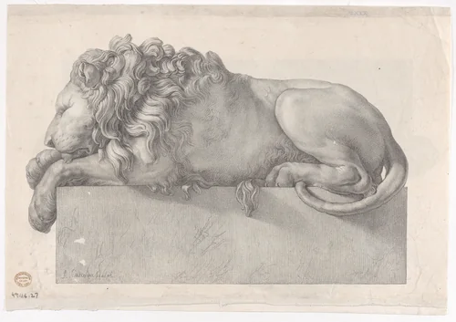 Statue of a recumbent lion by anonymous, print, 1825-1900