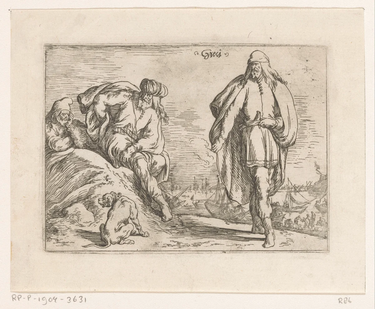 Drie Grieken, een baai met schepen in de achtergrond by Johann Wilhelm Baur, print, 1636