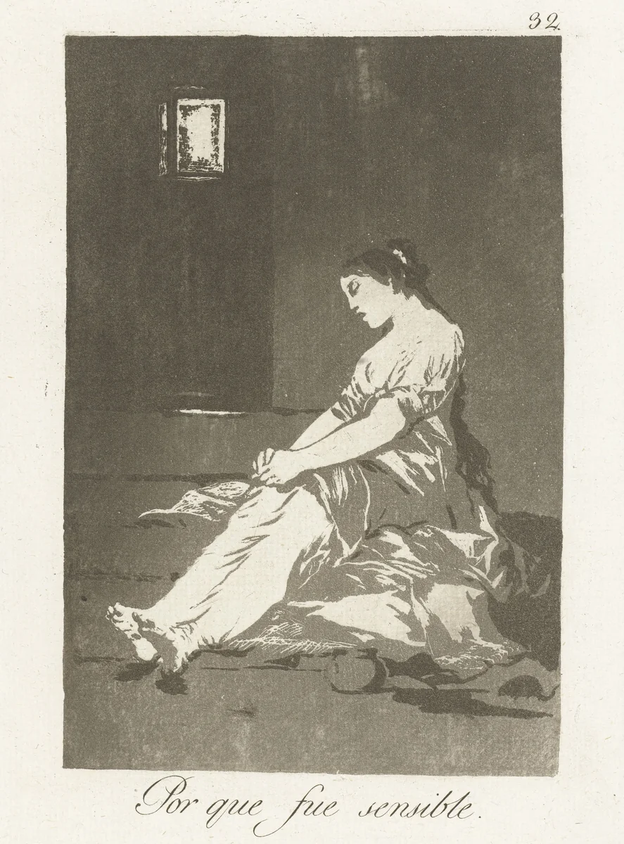 Omdat zij zo gevoelig was by Francisco de Goya, print, 1797-1799