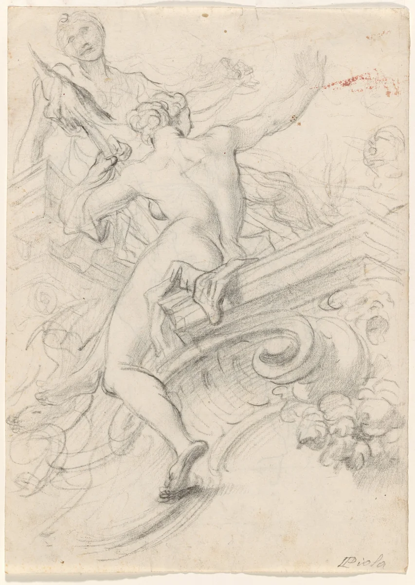 A Female Figure Seated on an Entablature, Holding a Distaff by Lorenzo de' Ferrari, drawing, 1700-1710
