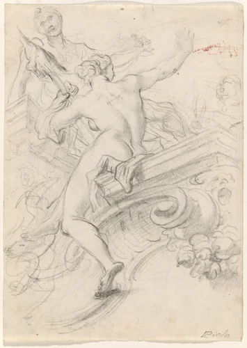 A Female Figure Seated on an Entablature, Holding a Distaff by Lorenzo de' Ferrari, drawing, 1700-1710