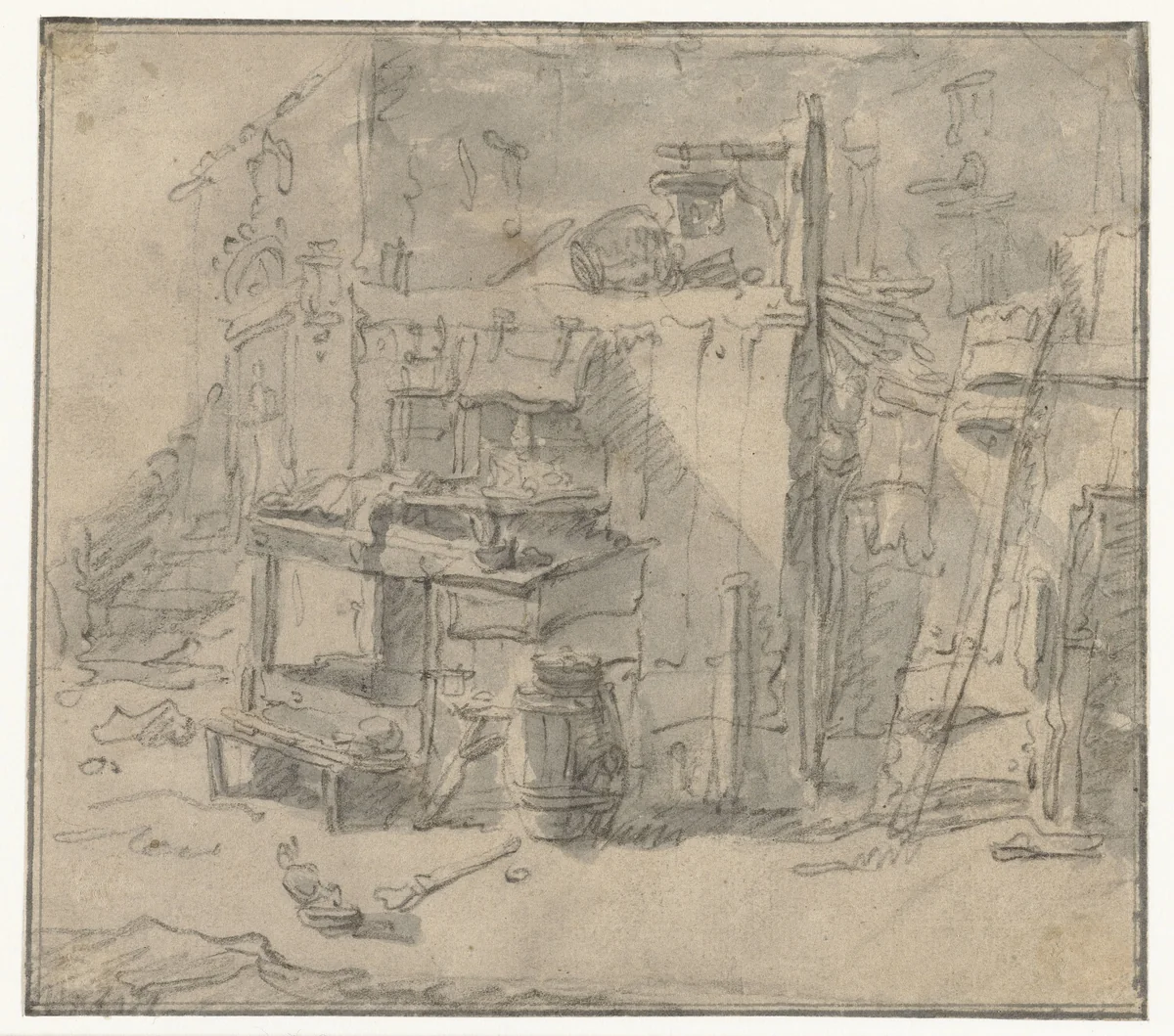 Oud huisraad op een binnenplaatsje of erf by Emanuel Murant, drawing, 1632-1700
