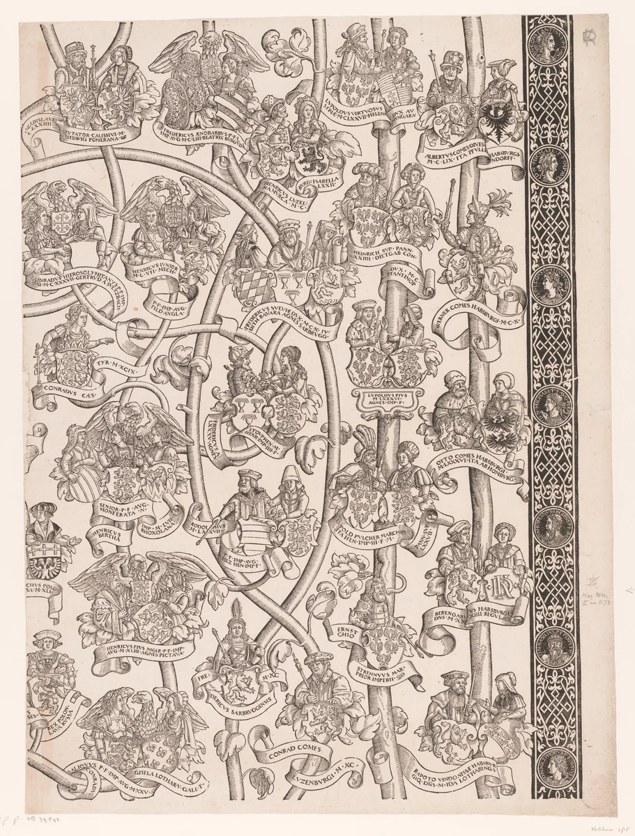 Stamboom van Frederik en Ottheinrich van Palts-Neuburg (plaat 15) by Jakob Clauser, print, 1535-1594