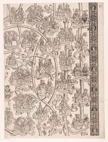 Stamboom van Frederik en Ottheinrich van Palts-Neuburg (plaat 15) by Jakob Clauser, print, 1535-1594
