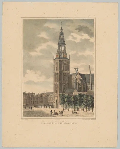 Gezicht op de Oudekerkstoren te Amsterdam by anonymous, print, 1828