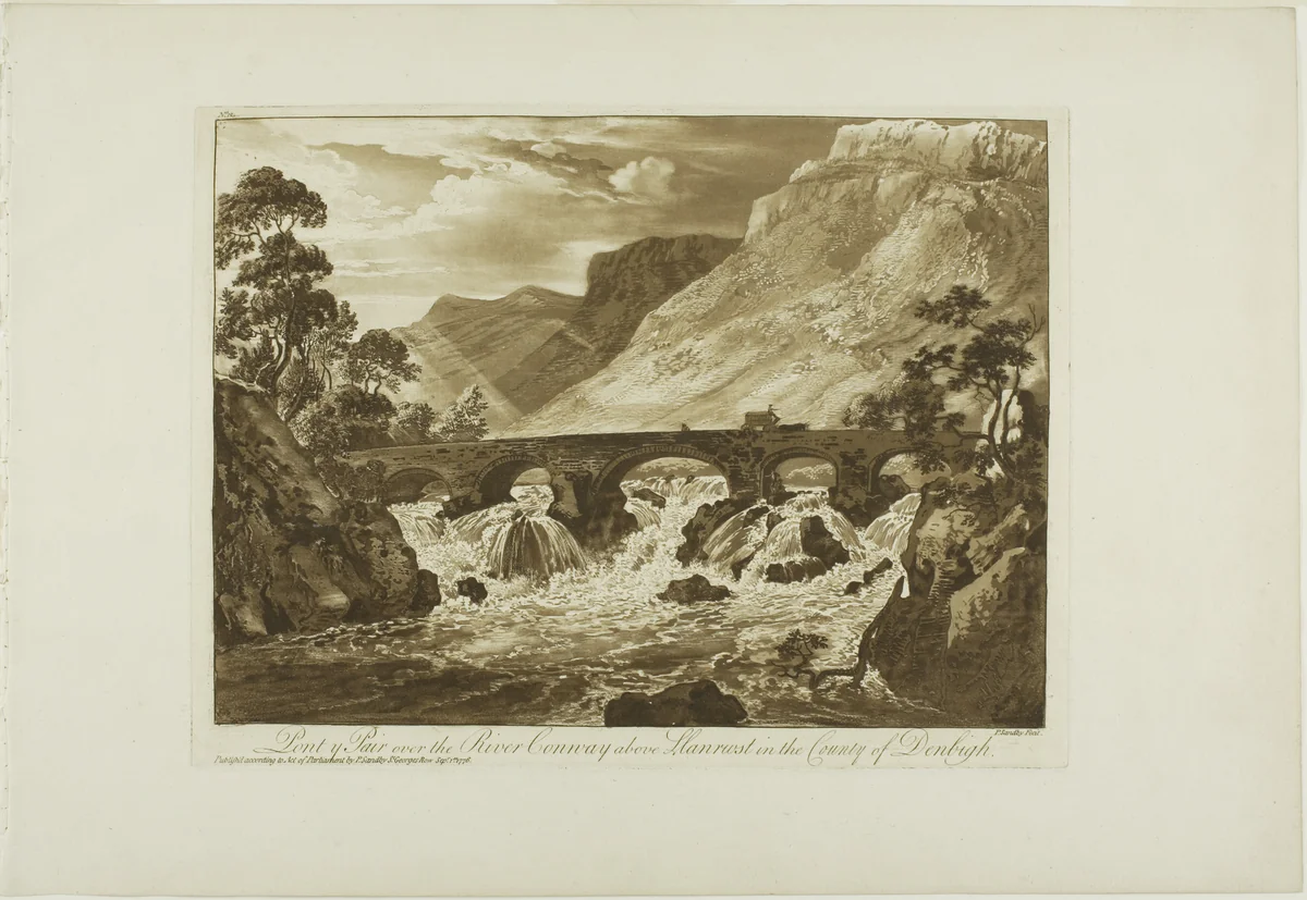 Pont y Pair over the River Conway above Llanrwst in the County of Denbigh, plate twelve from Twelve Views in North Wales by Paul Sandby, print, 1776