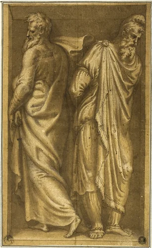 Two Standing Prisoners in a Niche by Bernardino Campi, drawing, 1547-1551