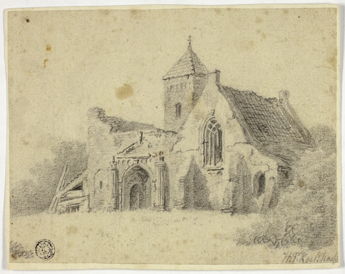 Country Church in Ruins by Hendrik Pieter Koekkoek, drawing, 1877-1883