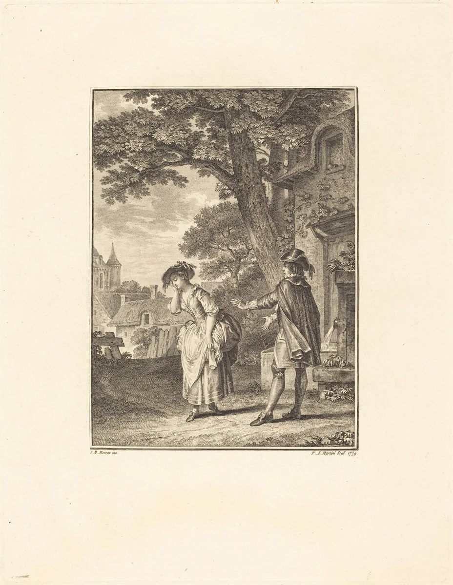 Le Devin du Village (Colette Weeping) by Pietro Antonio Martini; Jean-Michel Moreau the Younger, print, 1779
