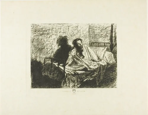 Portrait of Charles Meryon Sitting Up in Bed by Léopold Flameng, print, 1858