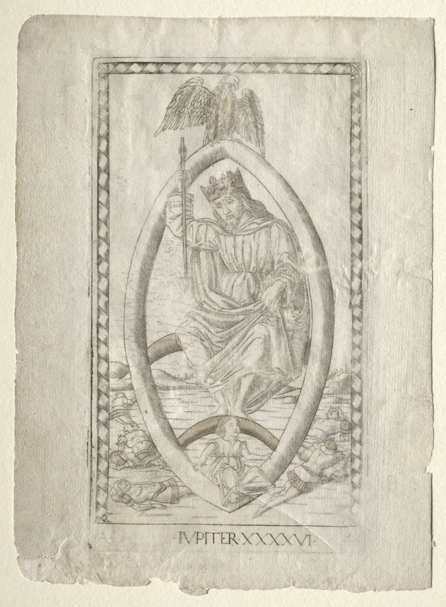 Jupiter (from the Tarocchi, series A: Firmaments of the Universe, #46) by Master of the E-Series Tarocchi, print, 1457-1467