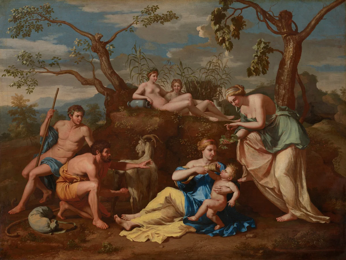 Nymphs Feeding the Child Jupiter by Nicolas Poussin, painting, 1650