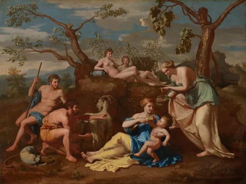 Nymphs Feeding the Child Jupiter by Nicolas Poussin, painting, 1650