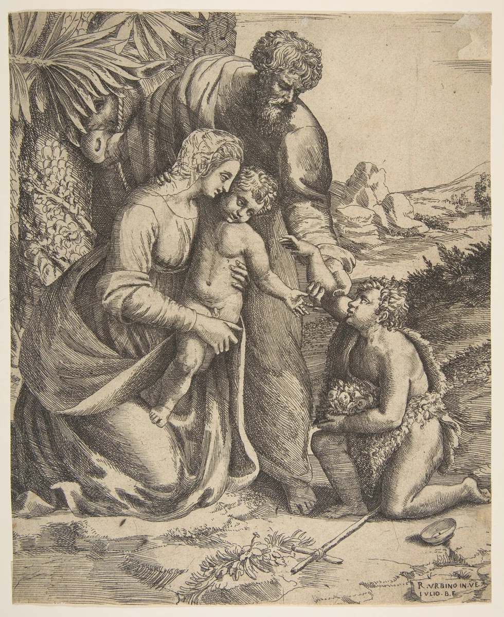 Holy Family with Saint John the Baptist who kneels at the right by Giulio Bonasone, print, 1531-1576