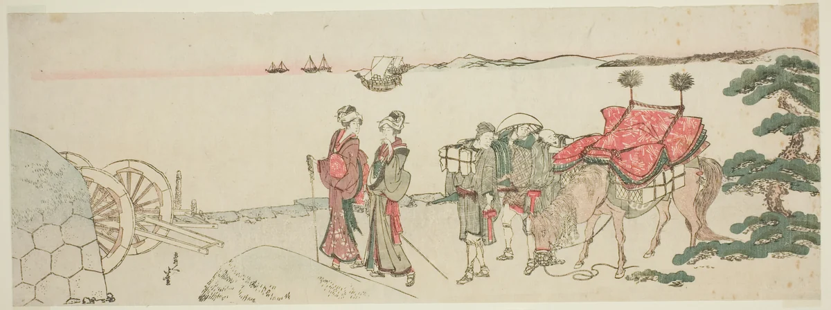 Women and Attendents by the Beach of Tanakawa by Katsushika Hokusai (葛飾 北斎), print, 1800-1810