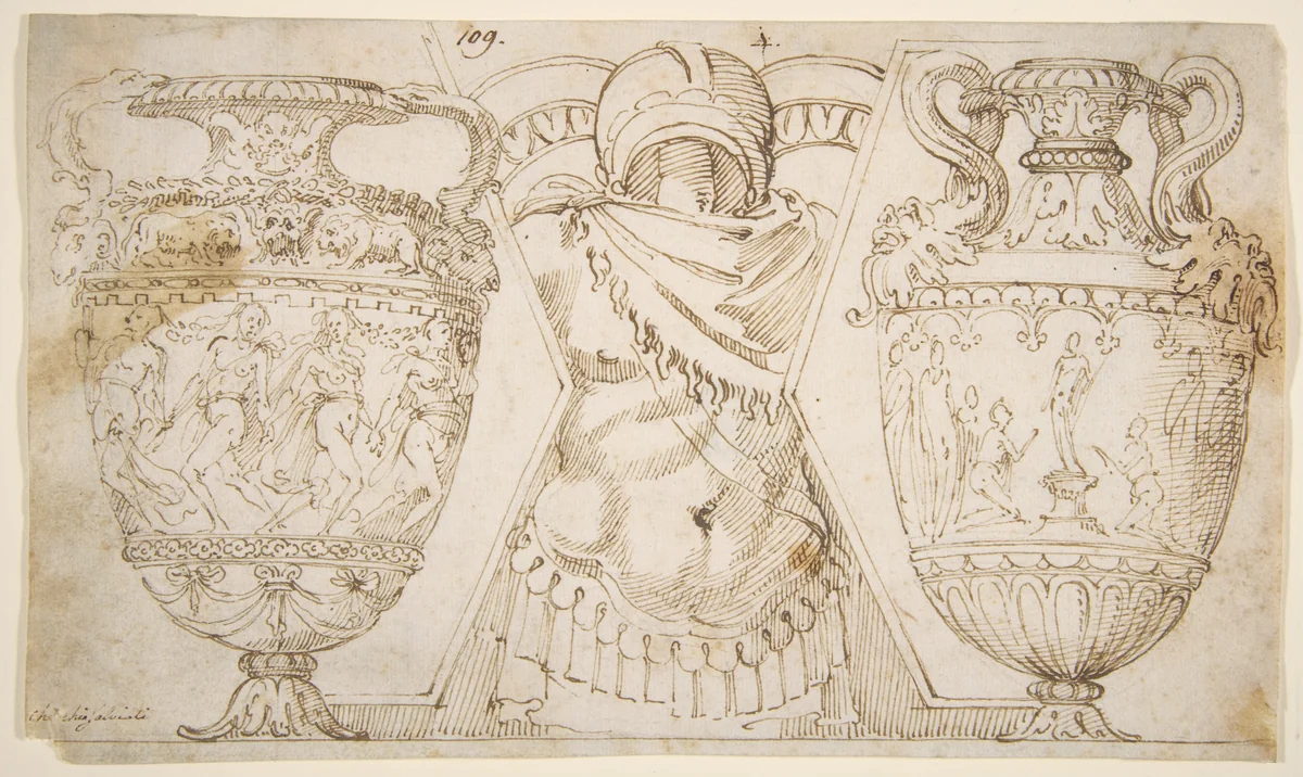 Ornamental Design with Amphore and Antique Style Armor (recto); Sketch with Two Figures (verso) by Polidoro da Caravaggio, drawing, 1500-1548