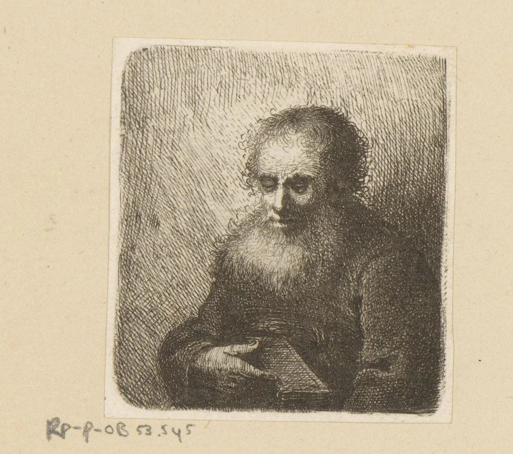 Oude man met baard en boek in de hand by Johann Andreas Benjamin Nothnagel, print, 1739-1804