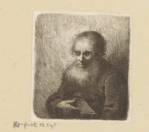 Oude man met baard en boek in de hand by Johann Andreas Benjamin Nothnagel, print, 1739-1804