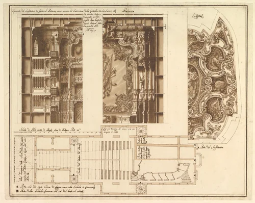 Designs for the Theater at Nancy: View of Half the Proscenium and a Half a Section of It; End of the Ceiling; and Ground Plan by Francesco Galli Bibiena, drawing, 1659-1739
