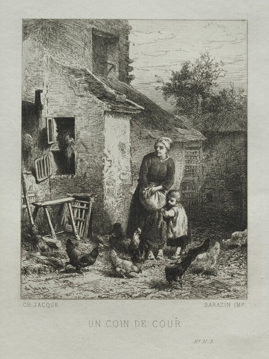 A Corner of the Yard by Charles-Émile Jacque, print, 1864