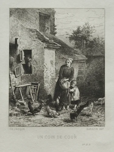 A Corner of the Yard by Charles-Émile Jacque, print, 1864