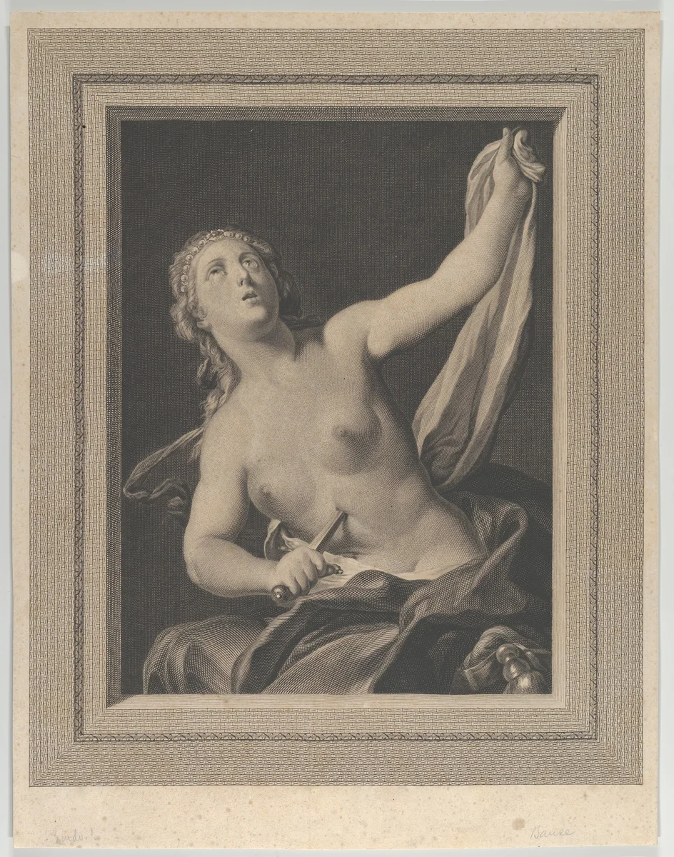 Lucretia seated, half naked, stabbing herself in the stomach with a dagger in her right hand and holding a cloth in her raised left hand, looking upwards, after Pellegrini? by Louis Jacques Cathelin, print, 1782