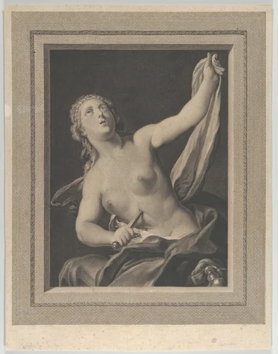 Lucretia seated, half naked, stabbing herself in the stomach with a dagger in her right hand and holding a cloth in her raised left hand, looking upwards, after Pellegrini? by Louis Jacques Cathelin, print, 1782