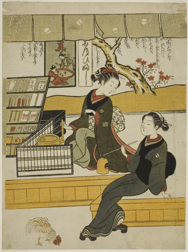 Ofuji, the Shop Girl of the Motoyanagiya, with a Customer by Suzuki Harunobu (鈴木春信), print, 1764-1770