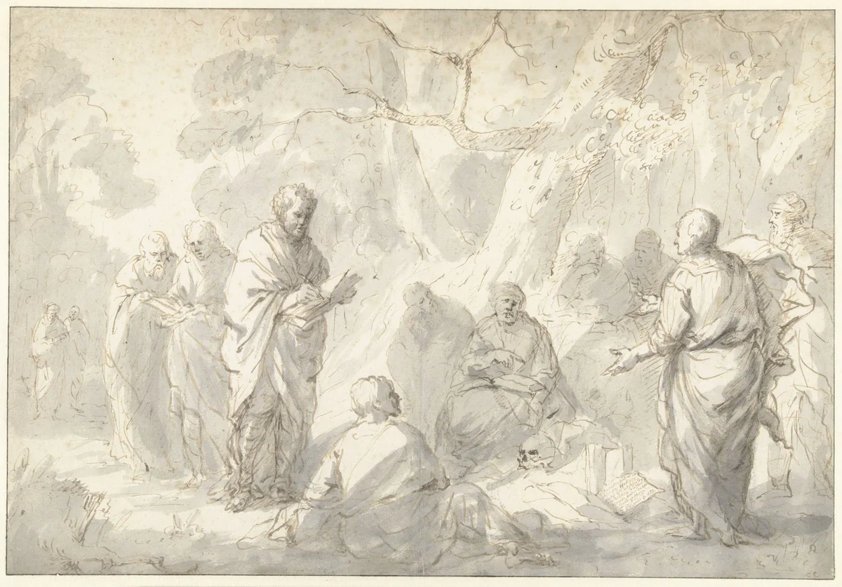 Filosofen redetwistend over de zielsverhuizing by Zacharias Blijhooft, drawing, 1669