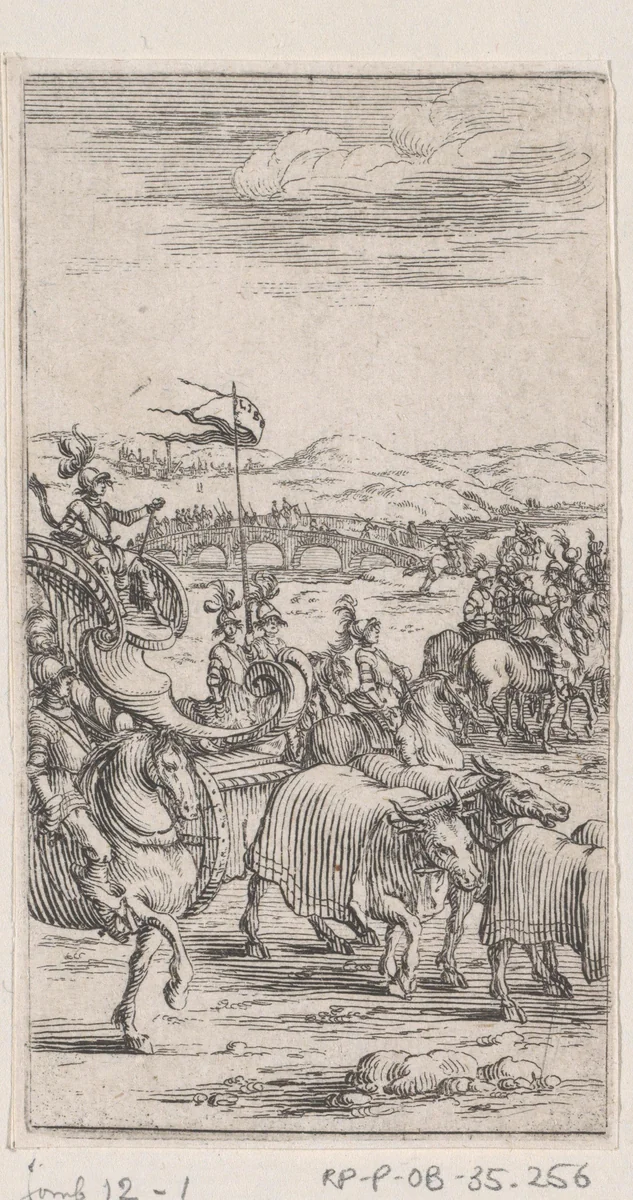 Landschap met soldaten en een kar voortgetrokken door runderen by anonymous, print, 1620-1664