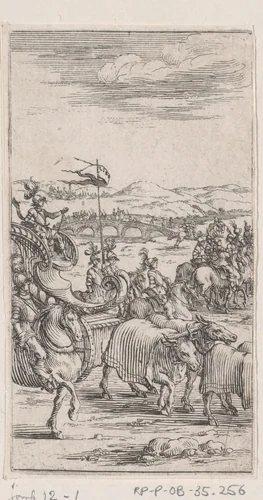 Landschap met soldaten en een kar voortgetrokken door runderen by anonymous, print, 1620-1664