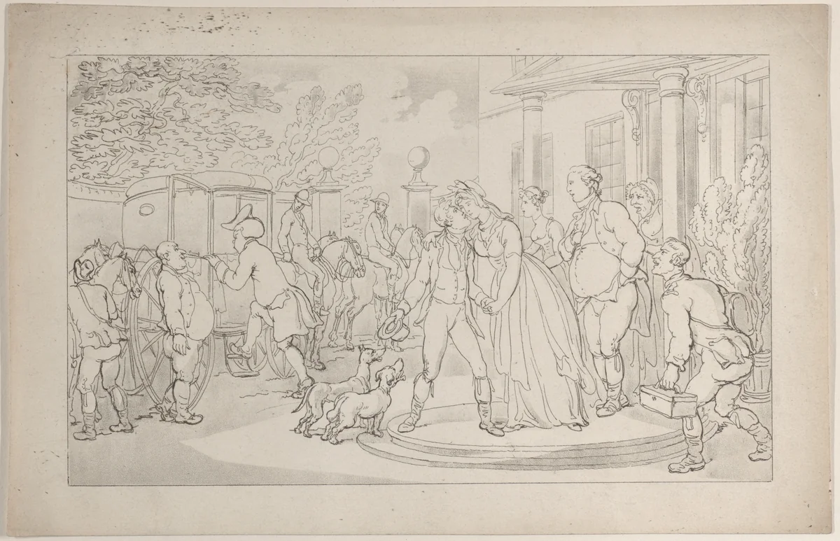Foreign Tour: Setting Forth on His Continental Travels, The Parting from Home, from "The Dance of Life" by Thomas Rowlandson, print, 1817