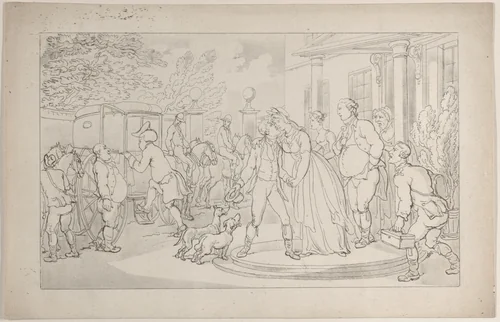 Foreign Tour: Setting Forth on His Continental Travels, The Parting from Home, from "The Dance of Life" by Thomas Rowlandson, print, 1817