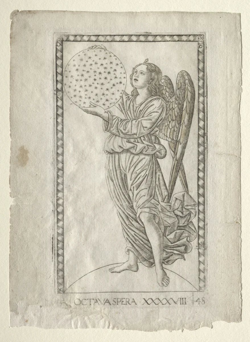 The Angel of the Eighth Sphere (from the Tarocchi, series A: Firmaments of the Universe, #48) by Master of the E-Series Tarocchi, print, 1457-1467