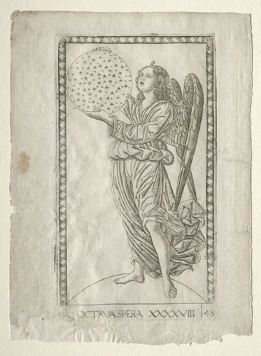 The Angel of the Eighth Sphere (from the Tarocchi, series A: Firmaments of the Universe, #48) by Master of the E-Series Tarocchi, print, 1457-1467