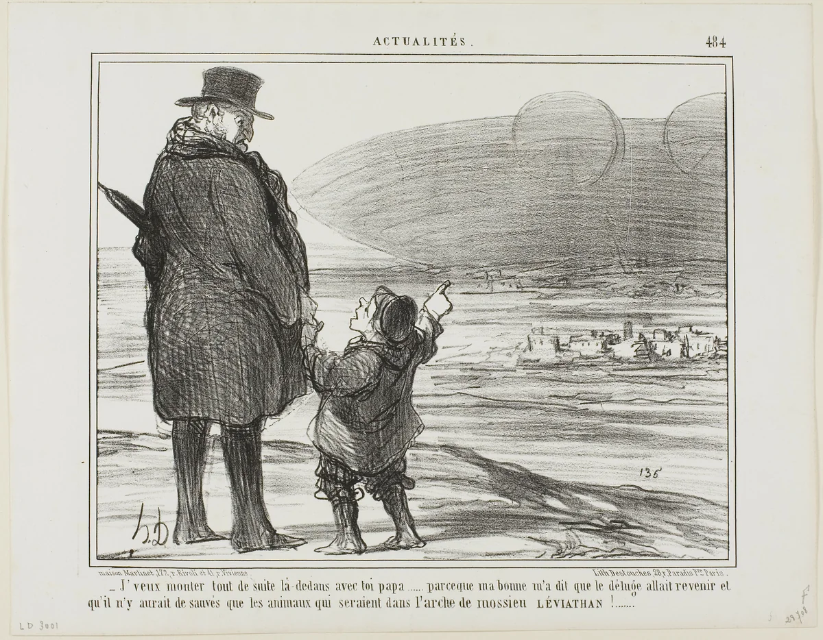 “- I want to go on this ship with you at once, Papa, my nanny said that the deluge will come again, and the only ones who will be saved, will be the animals on the ark of Mr. Leviathan!,” plate 484 from Actualités by Honoré-Victorin Daumier, print, 1858