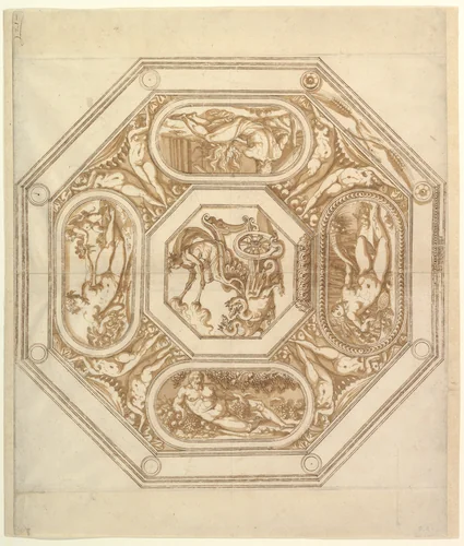 Design for an Octagonal Ceiling (or Dish?) by Ottavio Strada, drawing, 1510-1563
