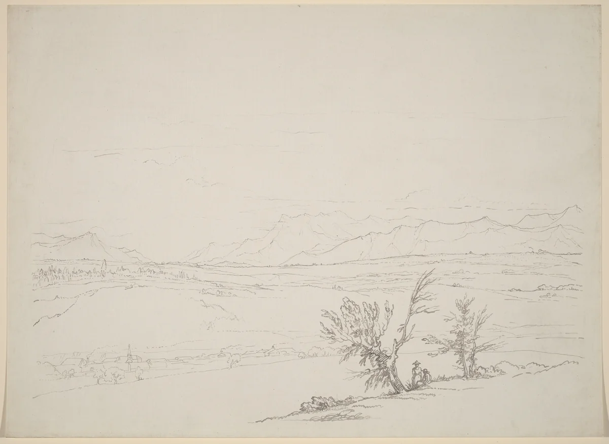 An Alpine Landscape with a Couple Seated by Trees Overlooking a Valley by Benjamin West, drawing, 1760-1763
