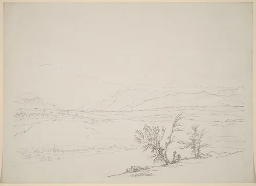 An Alpine Landscape with a Couple Seated by Trees Overlooking a Valley by Benjamin West, drawing, 1760-1763